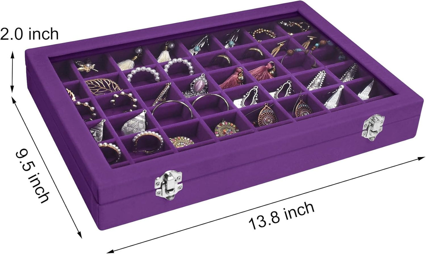Velvet Jewelry Tray 48 Grid Jewelry Display Tray Organizer Box with Transparent Lid Rings Earrings Necklaces Pendants Display Box Suitable for Women and Girls (Purple)