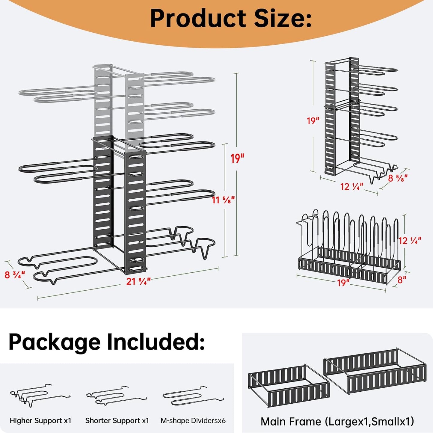 MUDEELA Pots and Pans Organizer Rack for under Cabinet, 8-Tiers Adjustable Pot Rack with 3 DIY Methods, Expandable 11.65'' to 19" Pot Lid Organizer for Kitchen Pantry Cabinet Organization and Storage