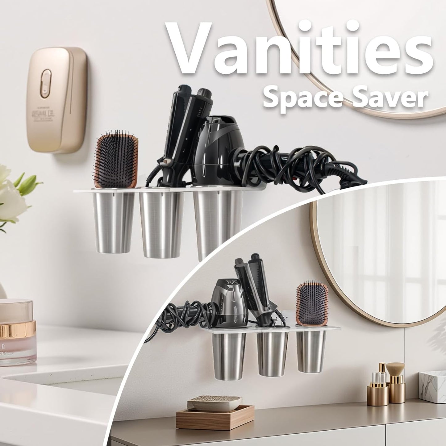 Hair Hot Tools Wall Mount, Hair Tool Organizer Acrylic Wall Holder With Stainless Steel Cup 4 Cup for Curling Iron Storage Flat Iron Organizer Blow Dryer Storage For Bathroom Vanity Salon