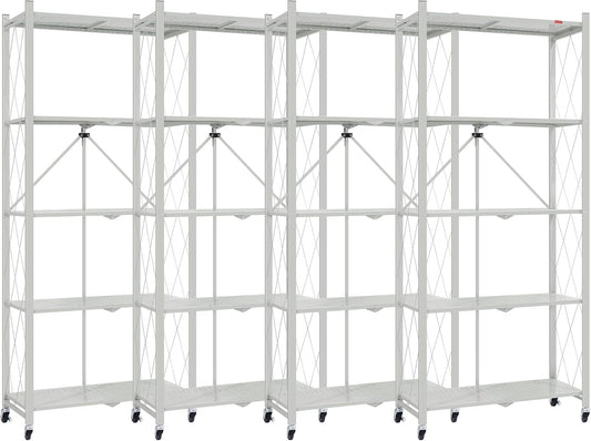 DEANIC 5 Tier Foldable Storage Shelves with Wheels, Large Capacity Shelving Unit, Freestanding Metal Wire Shelf Rack, No Assembly Organizer Rack for Garage Kitchen, Basement, Pantry(Grey Pack of 4)
