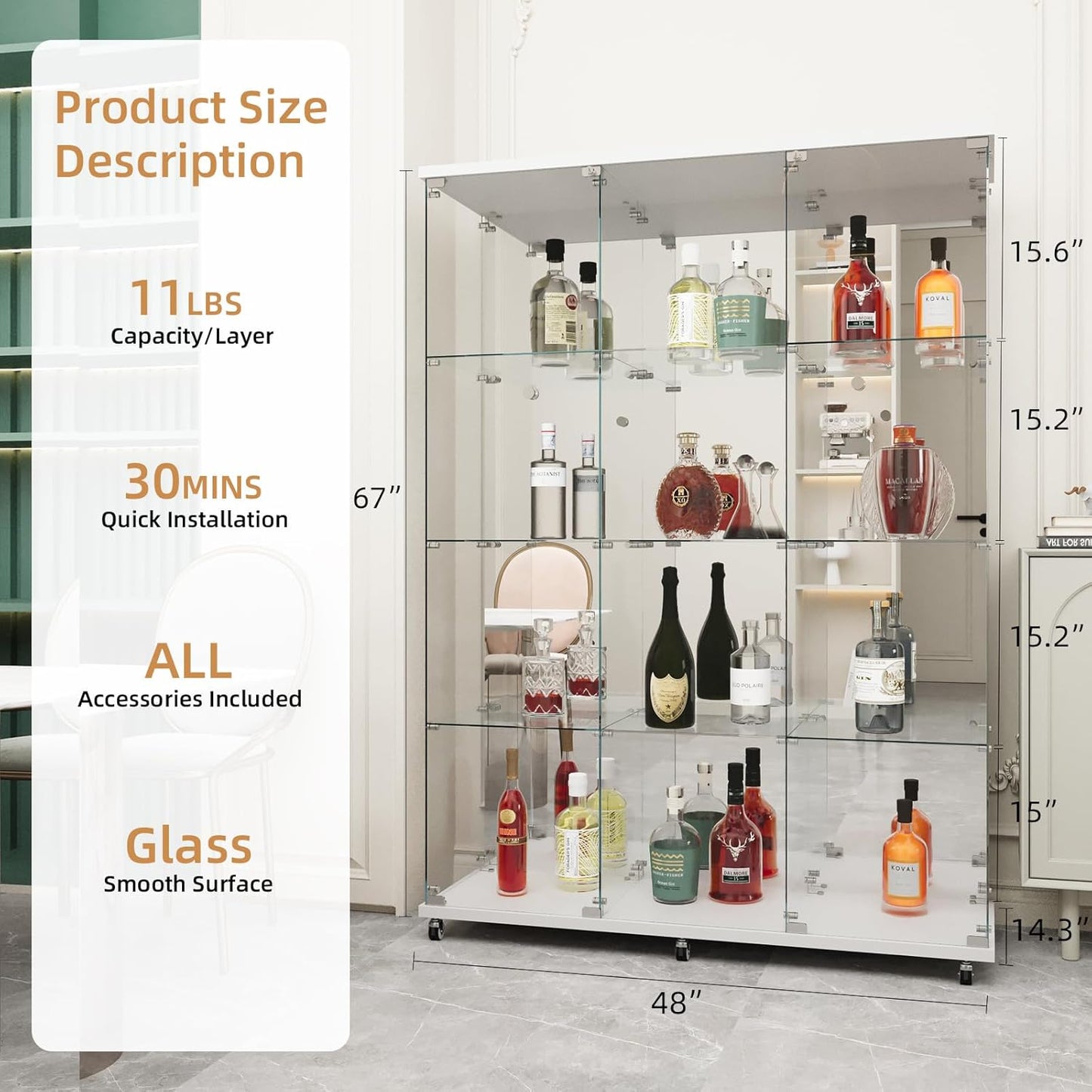 Beauty4U Glass Display Cabinet with Mirror Back Panel, 12 Shelves with 3 Columns, 2 Doors Curio Cabinets for Living Room, Bedroom, Office, White Floor Standing Glass Bookshelf, Quick Installation