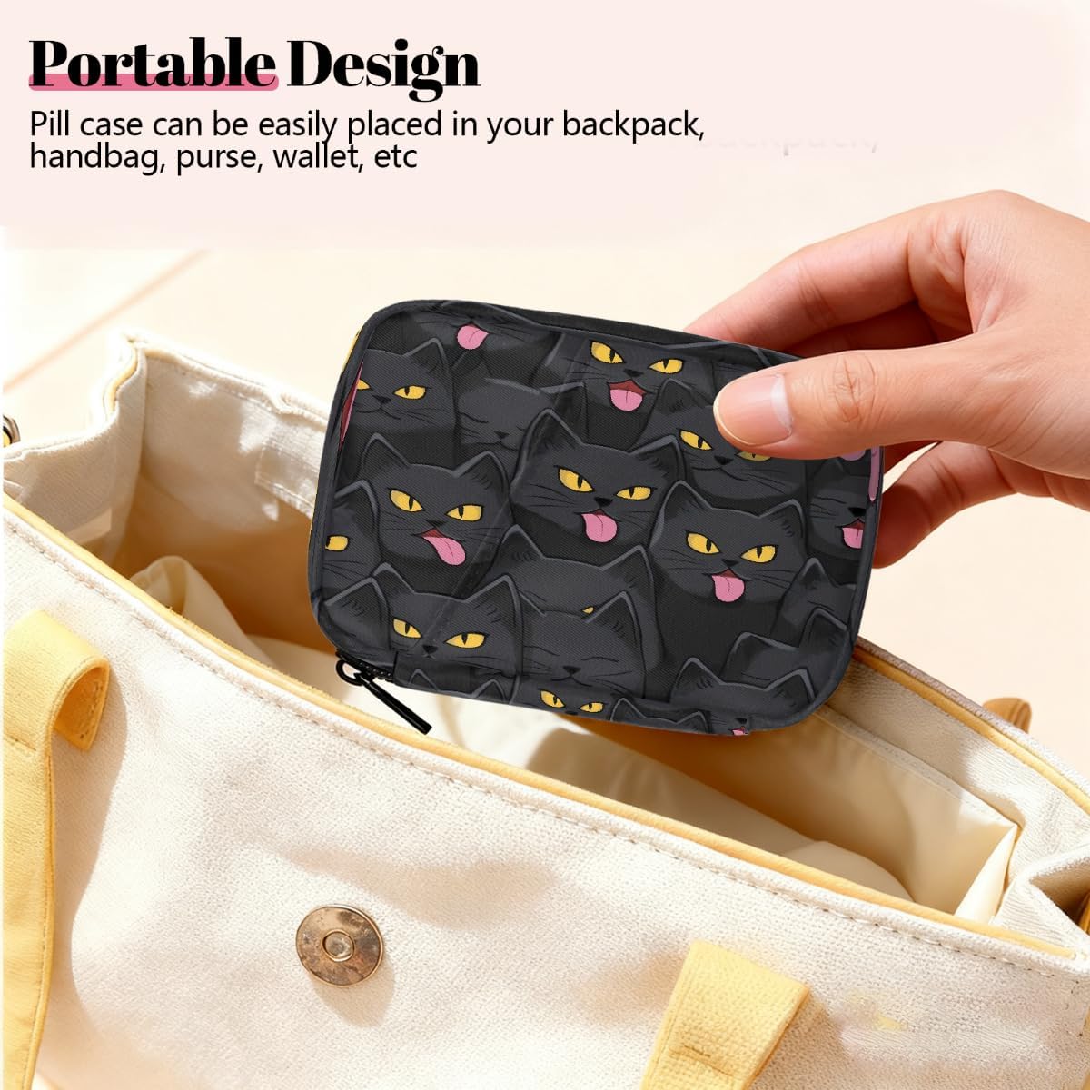 Funny Black Cat Pattern Pill Organizer Travel Medicine Case with Zipper Daily Vitamin Storage Bag Portable 8 Slot Weekly Pill Box Supplement Holder for Home Office Gym Travel