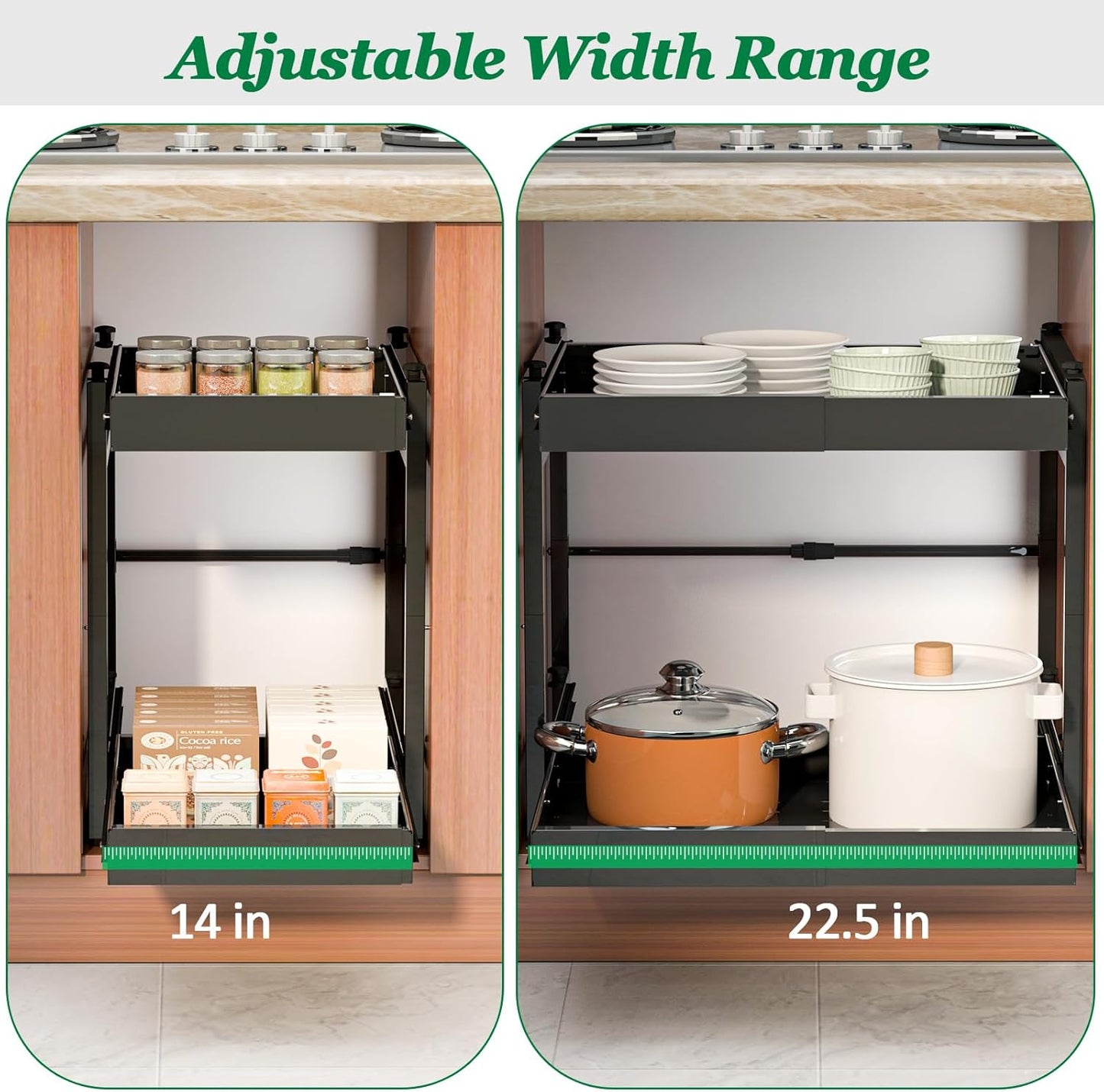 REALINN 2 Tier Pull Out Cabinet Organizer, 21 inch Depth Slide Out Shelves, Expandable 14"-22.5" Wide Heavy-Duty Cabinet Drawers for Kitchen Pots, Pans & Pantry Storage, Black
