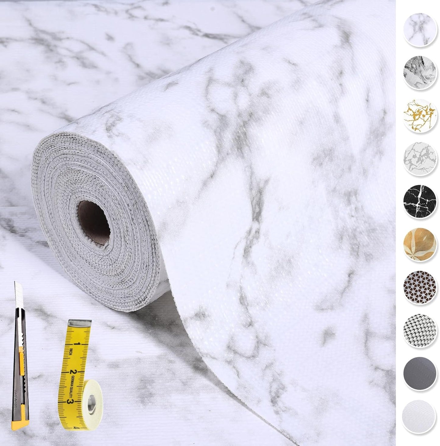 Drawer and Shelf Liner for Kitchen Cabinet: 12 in X 49.21Ft Non Slip Waterproof Shelf Paper Non Adhesive Refrigerator Liners White Marble Easy Liners for Bathroom with Knife Tape Measure