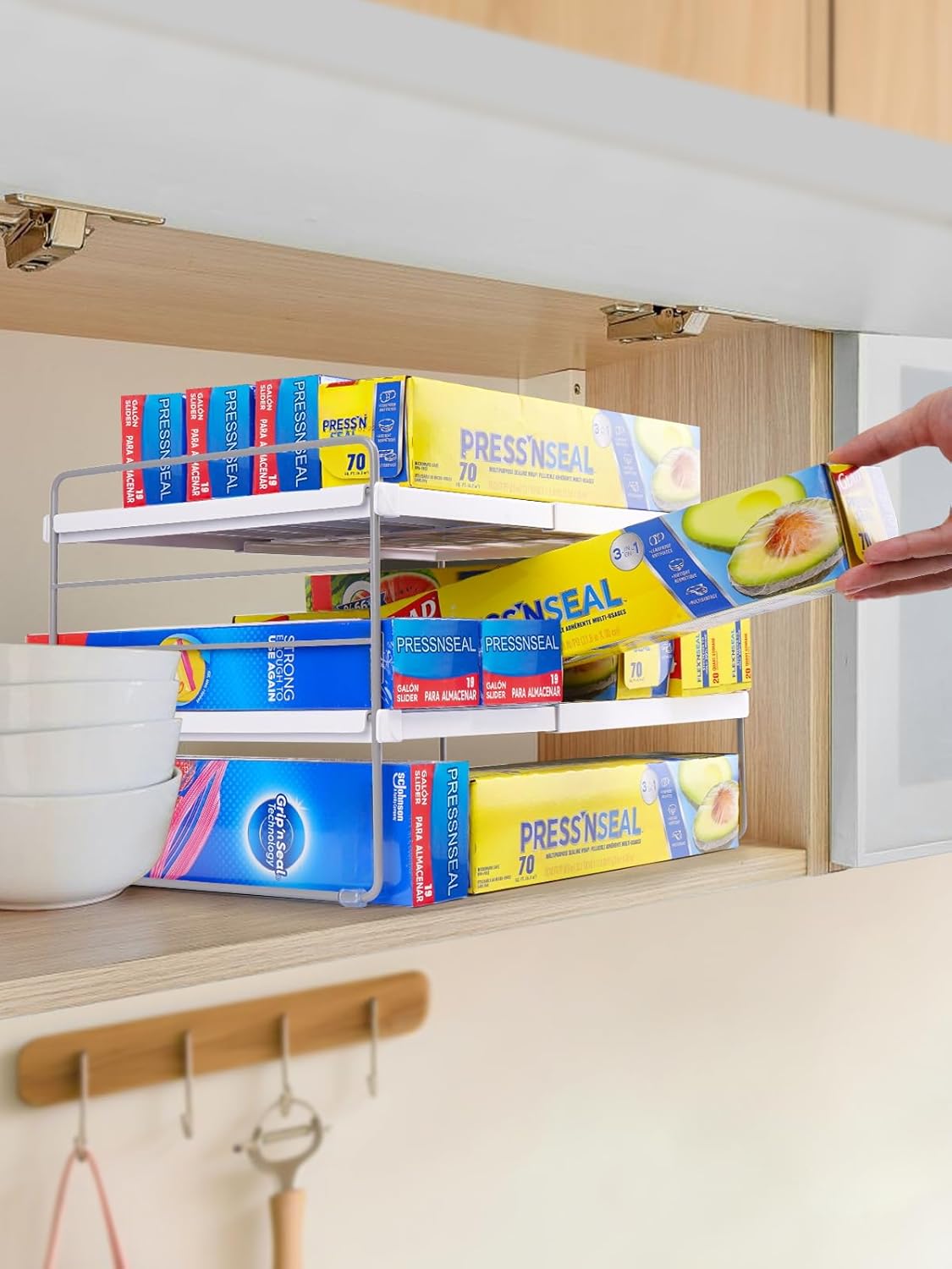 Cirhy Pantry Organizers and Storage,3 Tiers Expandable Foil and Plastic Wrap Organizer, Adjustable Kitchen Cabinet Shelf Organizer, Shelves Storage Rack for Cabinet Countertop (9.8" To 15.6" L)