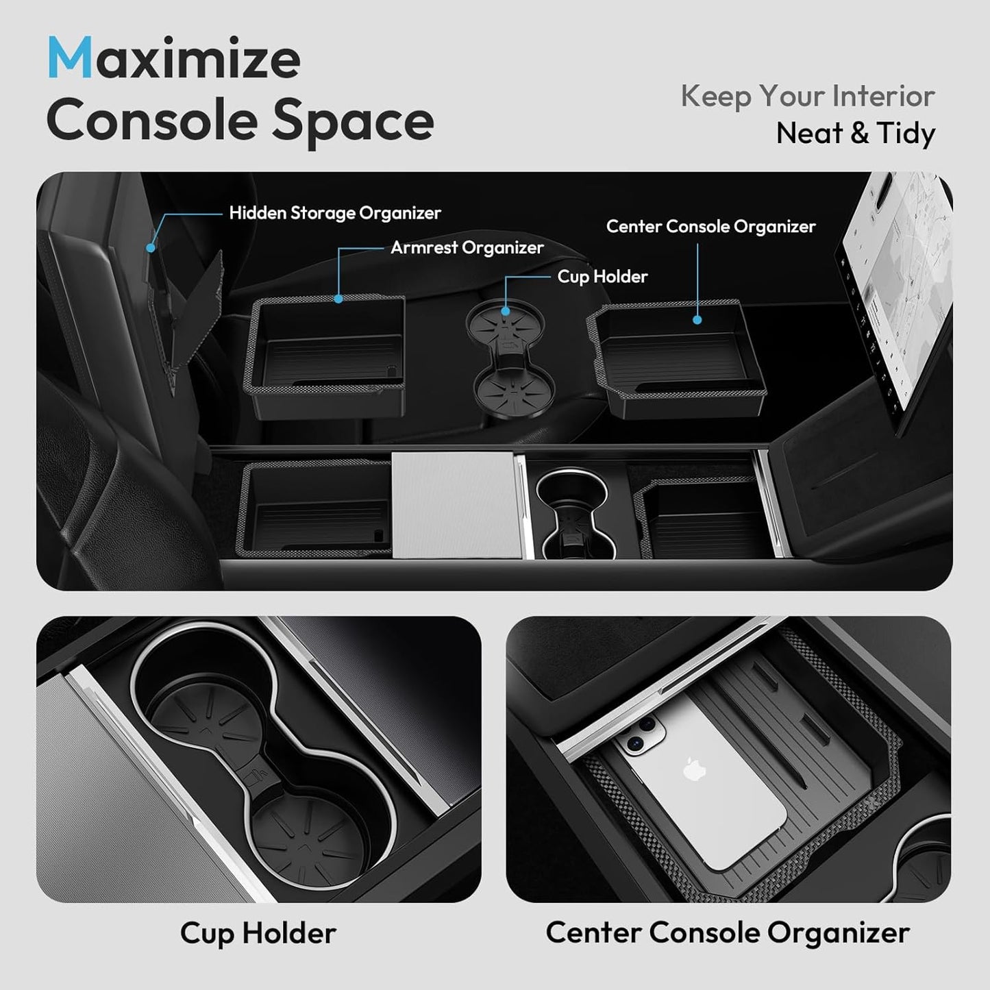 Center Console Organizer Tray for Tesla Model 3 Accessories 2024 2025, Cup Holder, Hidden Storage Box & Armrest Drawer Organizer for Tesla Model 3 Highland