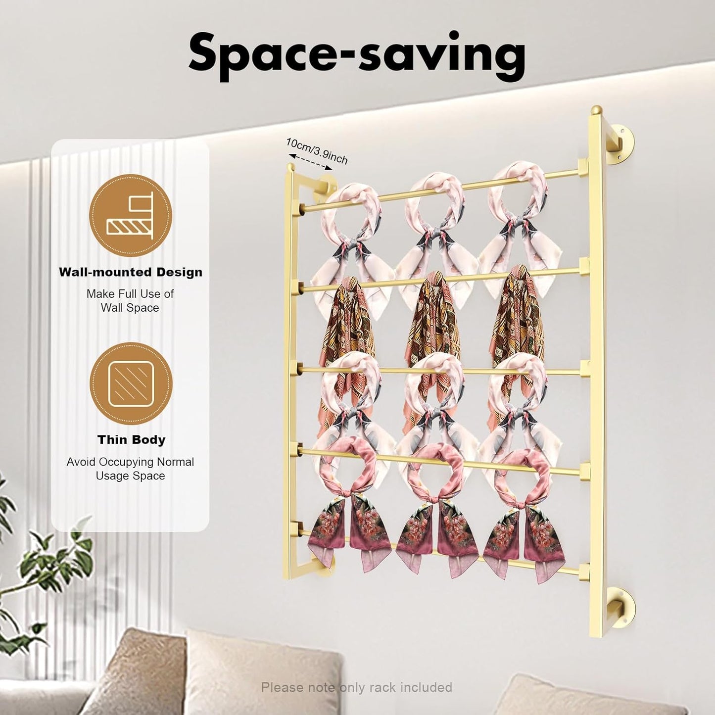 Wall Mounted Scarf Rack, 5 Tier Ties Silk Scarves Towels Storage Multifunctional Metal Rack, Space-Saving Wrapping Paper Organizer Ribbon Holder for Flower Shops Gold