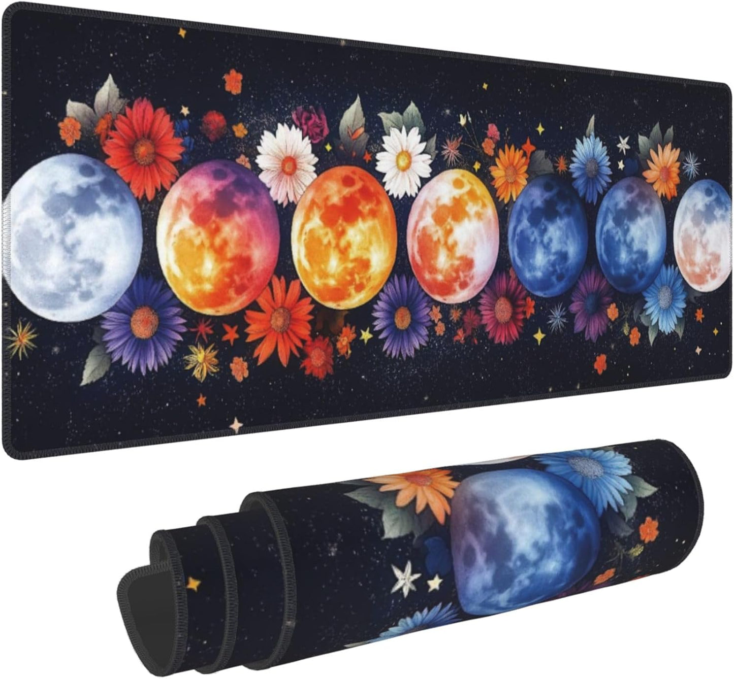 Colorful Moon Phases Large Mouse Pad, Watercolor Flowers Gaming Desk Mat, XL Keyboard Desk Pad Mat for Desktop, 31.5"x11.8" Non-Slip Base Big Mousepad with Stitched Edges