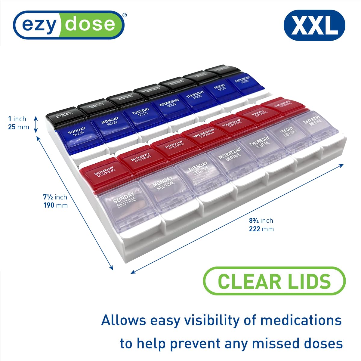 EZY DOSE Weekly (7-Day) Pill Organizer, Vitamin Container, and Daily Medicine Planner, 2X-Large Push Button Compartments, Arthritis Friendly, Easy to Use, 4 Times a Day, Color-Coded Lids, BPA Free