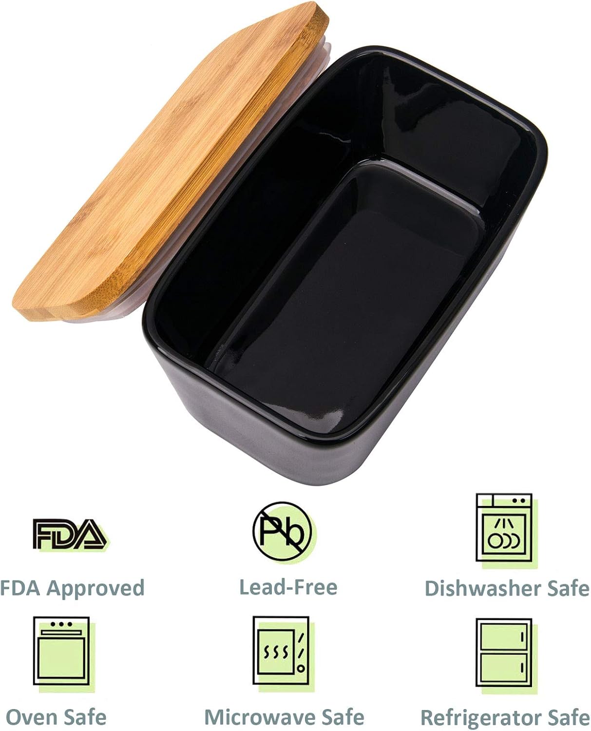 Butter Dish with Lid, Porcelain Keeper with Wood Lid Cover for Butter, Microwave Safe Easy Clean Butter Storage Container for Countertop and Refrigerator (Black 10oz)