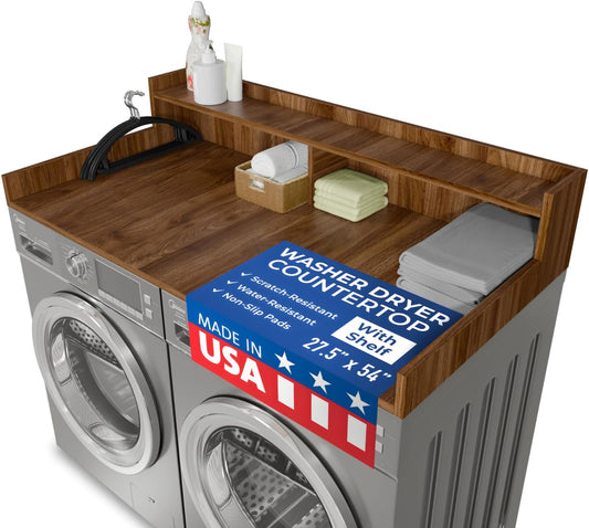 OfficeSimpli Washer Dryer Countertop with Shelf - 27.5 x 54 Inch - Made in USA Laundry Countertop Over Washer and Dryer with Non-Slip Pads, Storage Shelf, Laundry Topper Organizer, California Walnut