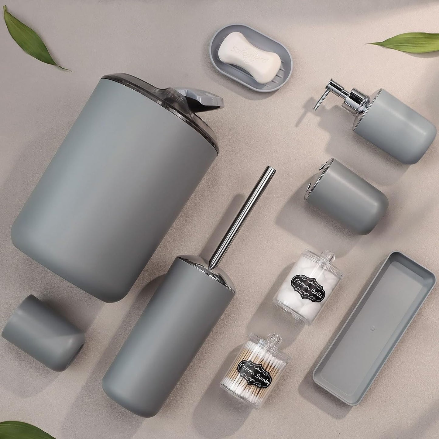 IMAVO Bathroom Accessories Set,Grey Bathroom Set,9 Pieces Bathroom Accessory Set,Tray,Qtip Holders,Toilet Brush,Trash Can for Bathroom Décor and Home Gifts