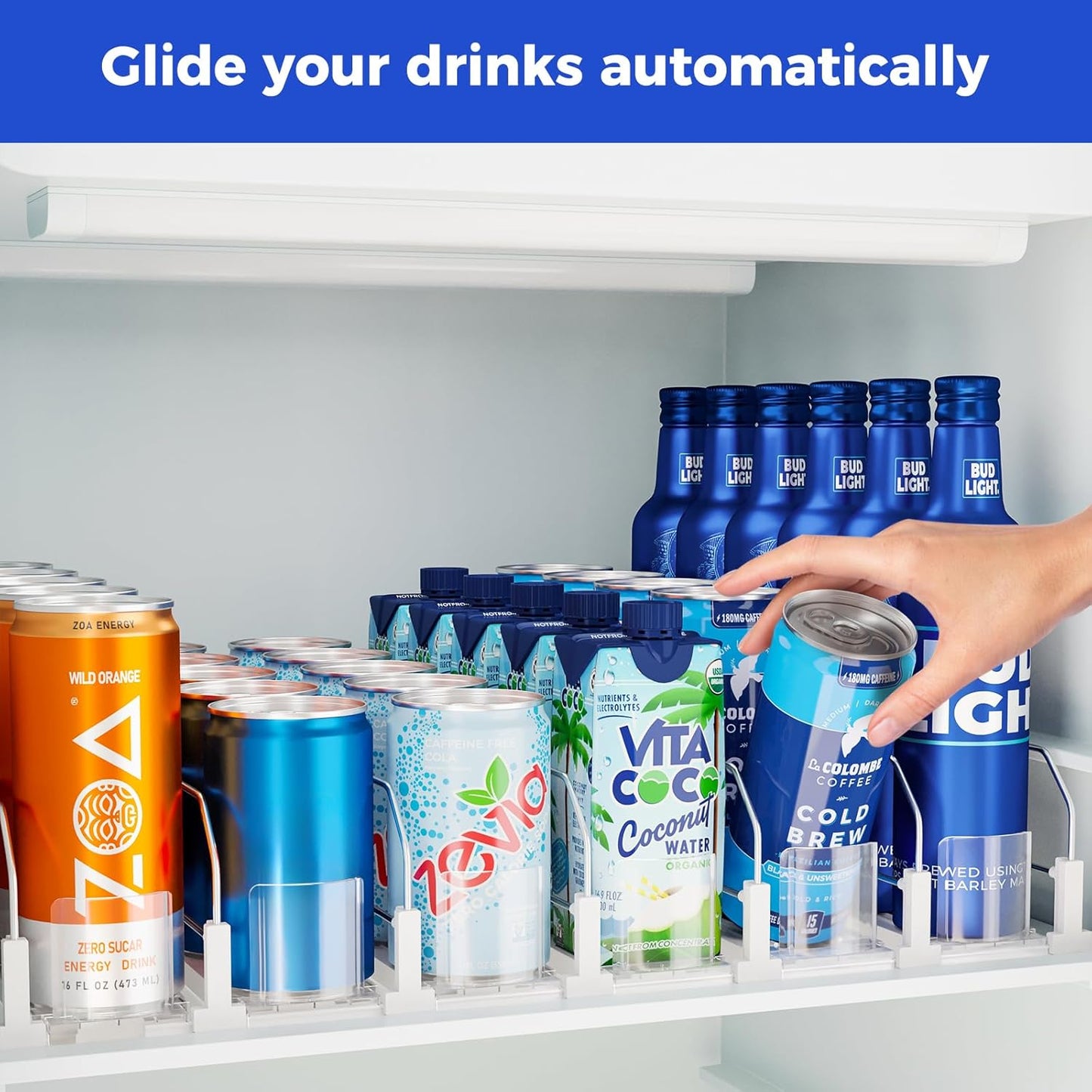 Puricon Drink Organizer for Fridge Pusher Glide, Spring Loaded Fridge Drink Dispenser, Self Pushing Soda Can Organizer for Refrigerator, Beer Bottle Beverage Organizer Drink Holder -6 Rows, White