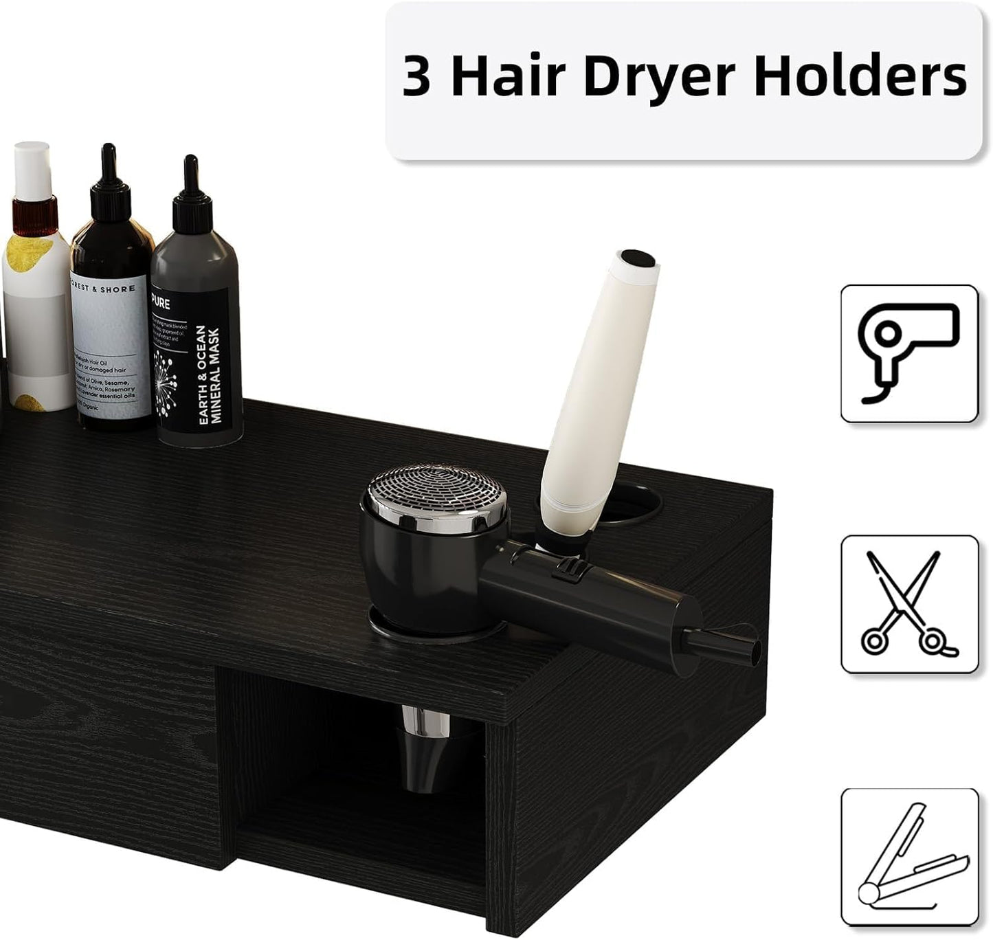 4ever2buy Salon Stations for Hair Stylist, Wall Mount Barber Station with Barber Cabinet, Hair Station Equipment Hair Dryer Holder, Drawers, Mirror not Included, Black