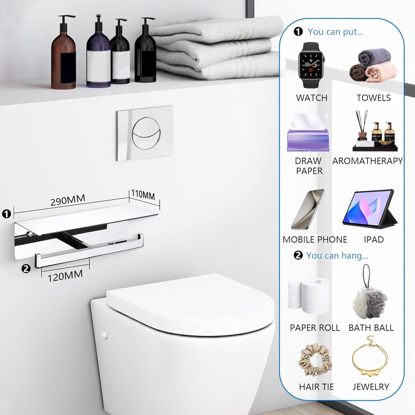 LANC Double Roll Tissue Holder with Shelf, Chrome Silver Commercial Toilet Paper Dispenser with Phone Shelf for Bathroom Wall Mounted or 3M Self-Adhesive Stainless Steel, A8377CP