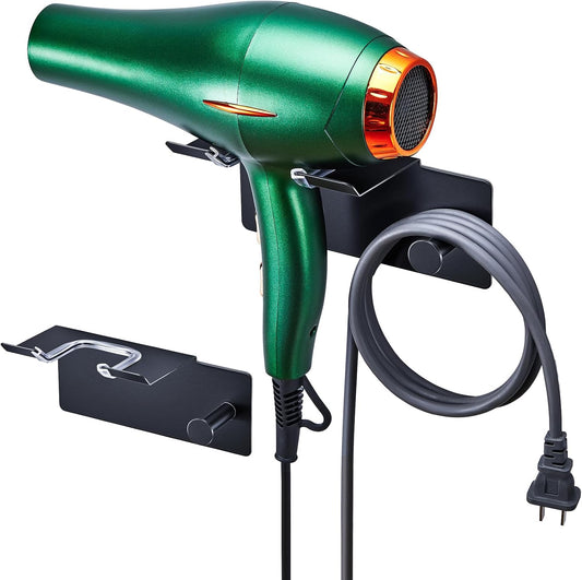 Hair Dryer Holder Wall Mounted, Blow Dryer Holder, Adhesive Hairdryer Holder for Bathroom, Hair Tool Organizer Hair Dryer Hanger, Blowdryer Holder for Wall, Hair Dryer Hook with Cord Storage (Black)