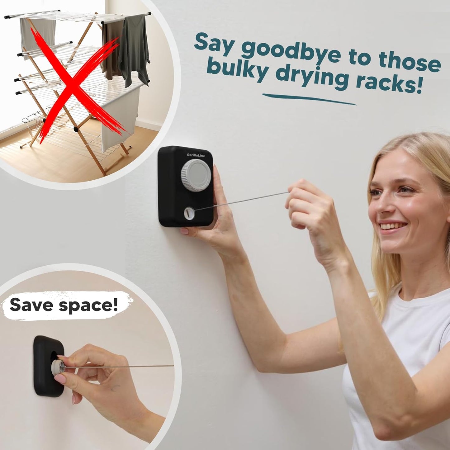 GorillaLine Max - Retractable Clothesline Indoor Outdoor Clothes Line - Heavy Duty Clothes Drying Laundry Line - Wall Mounted Drying Rack - Air Dry Clothing - Max Tighten with GorillaGrip