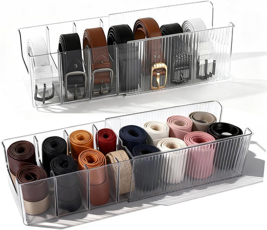 Belt Storage,2-Piece Set with Transparent Belt Rack and Adjustable Divider for Storing Underwear,Socks,tie Drawers and wardrobes