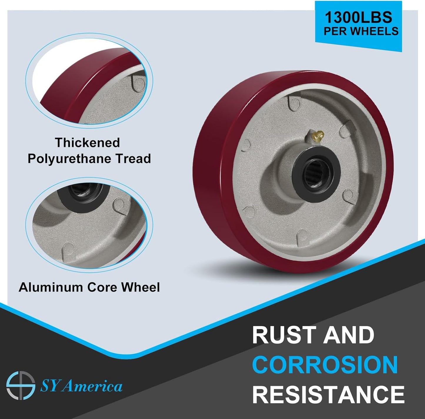 SY America 6" X 2" Casters Wheels,Heavy Duty Casters Set of 4，Polyurethane on Aluminum Wheels,2 Rigid 2 Swivel Casters,5200 LBS Load Capacity