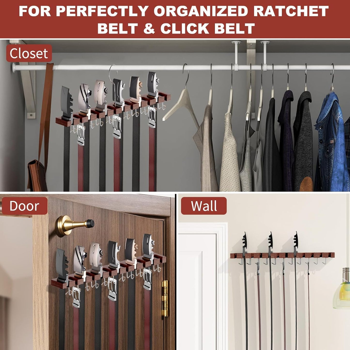 Belt Hanger for Closet Max 42 Belts, 2-in-1 Wall Mount Belt Organizer with 360° Rotating Hooks, Wooden Tie and Belt Rack for Closet Accessories Organizers and Storage, Walnut Wood