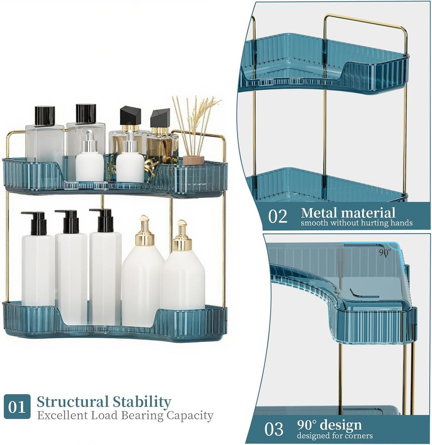 Corner Bathroom Countertop Organizer, Vanity Organizer Trays for Counter, Makeup Organizers, Perfume Tray, Skincare Shelf Storage Gifts for Women Girl Student (Blue, 2 Tiers)