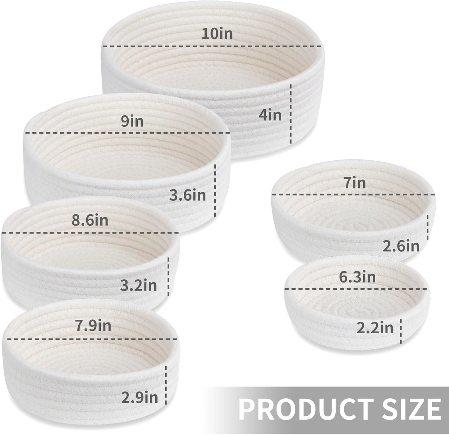 Small Shelf Storage Baskets for Organizing, 6 Pack Round Cotton Rope Bins, Decorative and Cute Woven Baskets for Bedroom and Closet, Key Tray Bowl, Home Decor Countertop Organizer (Beige)