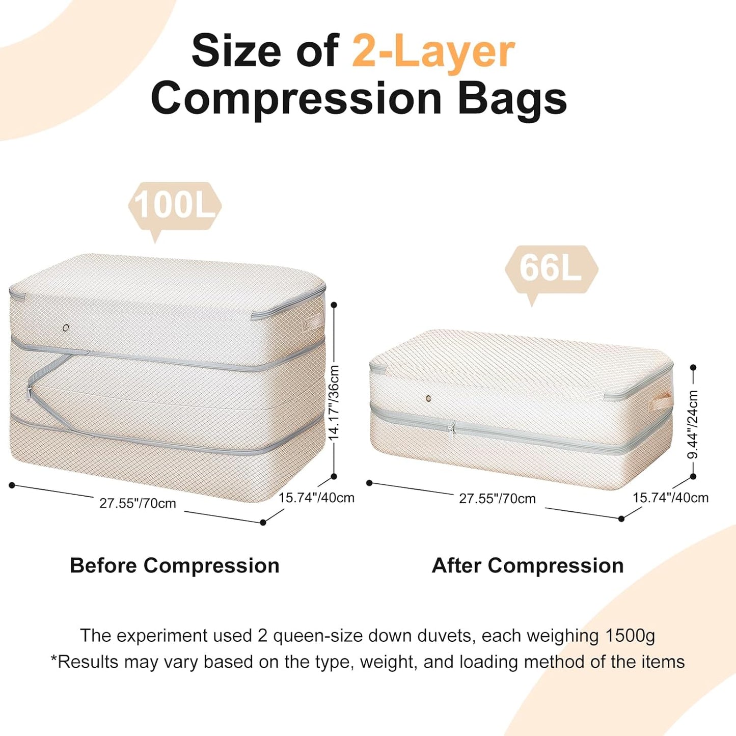 Comforter Storage Bag - Large Capacity Bedding Storage Bags Ultra Space Saving Self Compression Organizer, Washable Compression Bags for Storage Comforter Blanket Duvet Pillow, 2-Pack, Beige