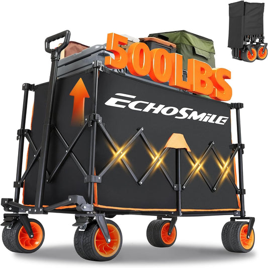 EchoSmile Collapsible Foldable Extended Wagon with 500lbs Weight Capacity, 300L Folding Utility Wagon Cart with Big All-Terrain Wheels for Beach,Sport,Gargen&Grocery,Black & Orange