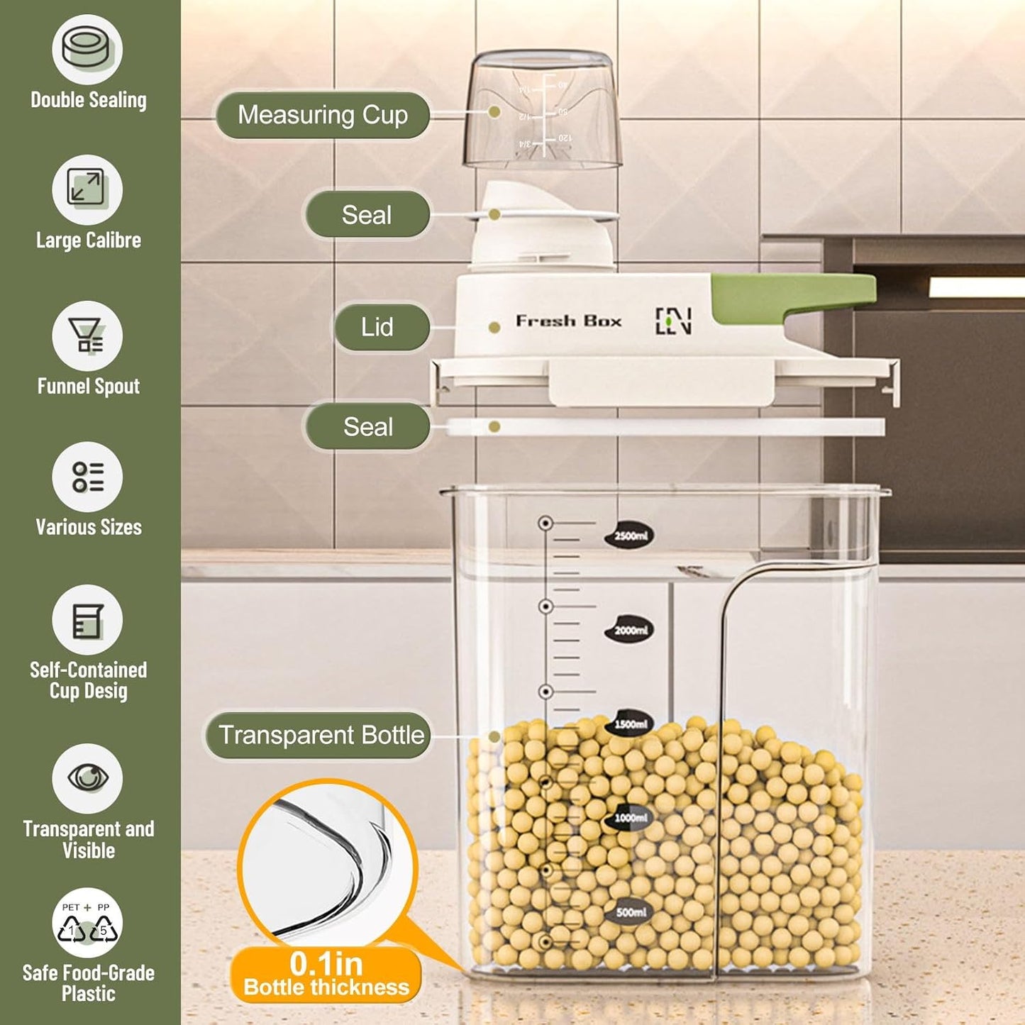 Cereal Storage Container 4Pack,85oz/2.5L Airtight Food Storage Containers With Lids,Organizers Storage With Measuring Cup for Beans,Sugar,Rice,Nuts,Snacks,Pet Food,Candy