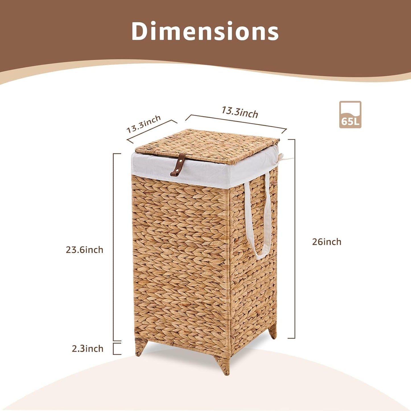 Laundry Hamper with Lid and Removable Liner Bag, Handwoven Natural Hyacinth Clothes Hamper with Heightened Feet, Wicker Laundry Basket for Clothes and Towels，Small