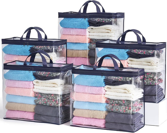 5 Pack Clear Storage Bags for Clothes, 22L Blanket Storage Bags, Under Bed Storage, Closet Organizers Bag, Upgraded Version Two-Way Zippers Design(Navy Blue)