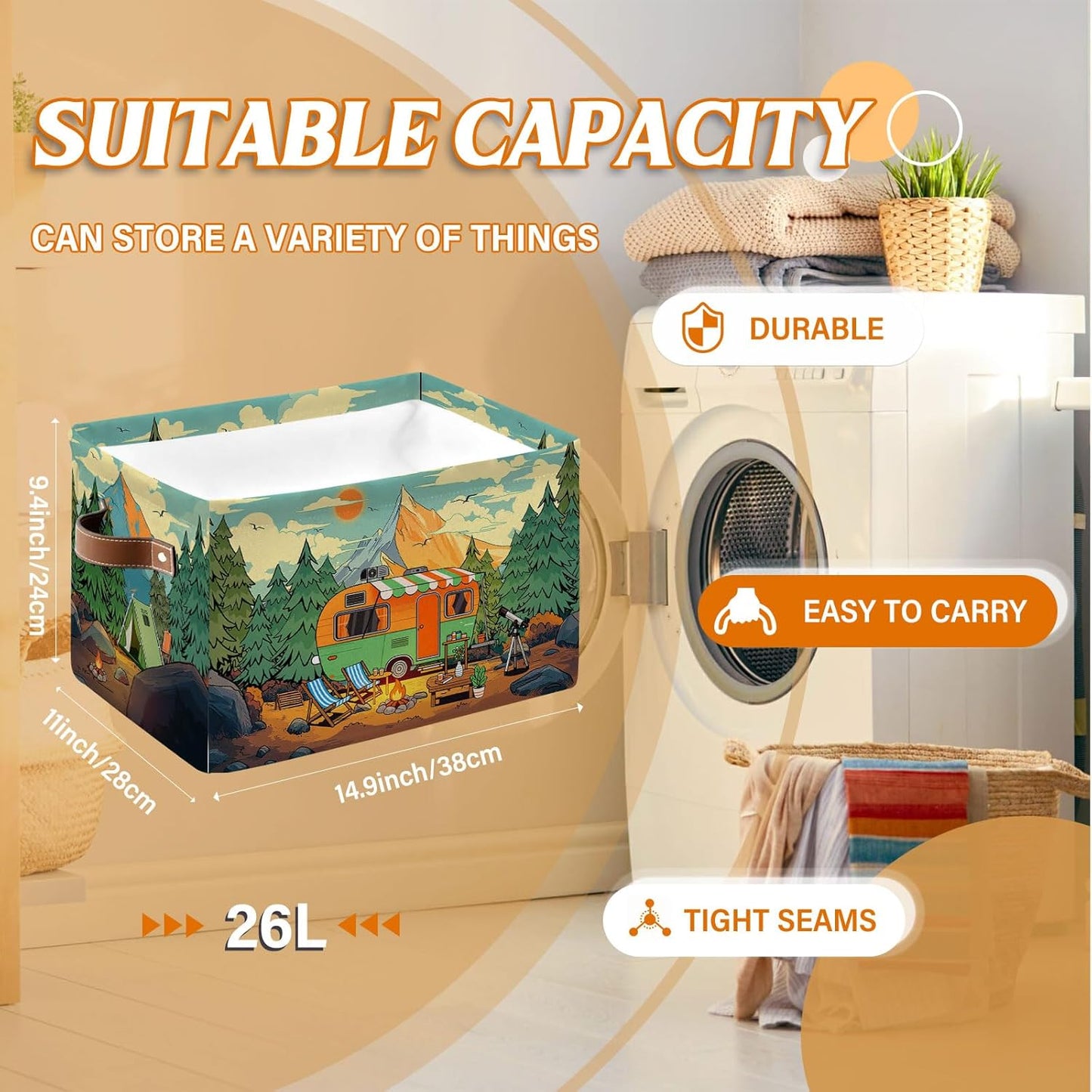 Rectangle Camp Nursery Storage Basket, Collapsible Storage Box Bin with Handles for Toy, Truck Storage Basket for Friend, Laundry Organizer for Room, Gifts for Chritsmas Thanksgiving 14.9x11x9.4in
