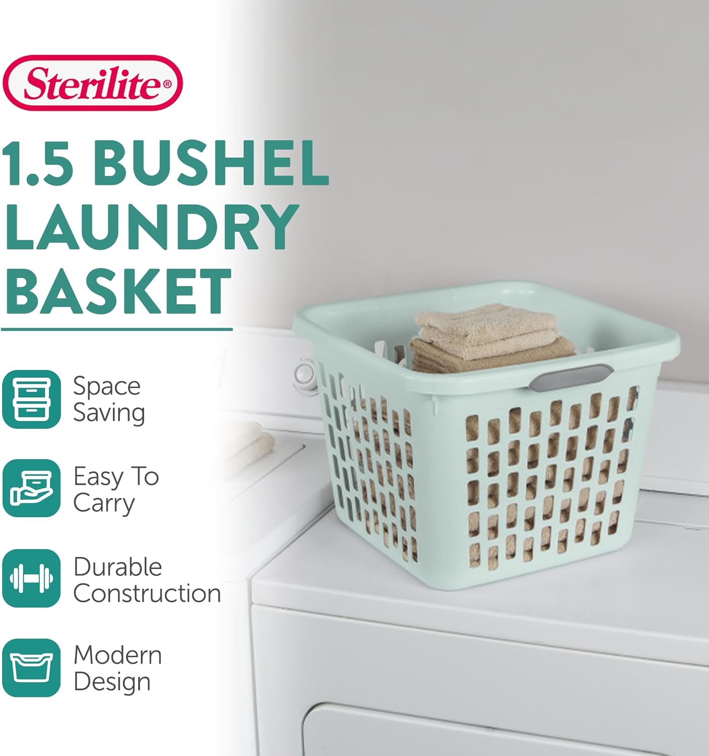 Sterilite Laundry Basket, Plastic Clothes Hamper, Large Square Bin with Comfort Grip Handles and Reinforced Rim, 1.5 Bushel Capacity, White, 24 Pack