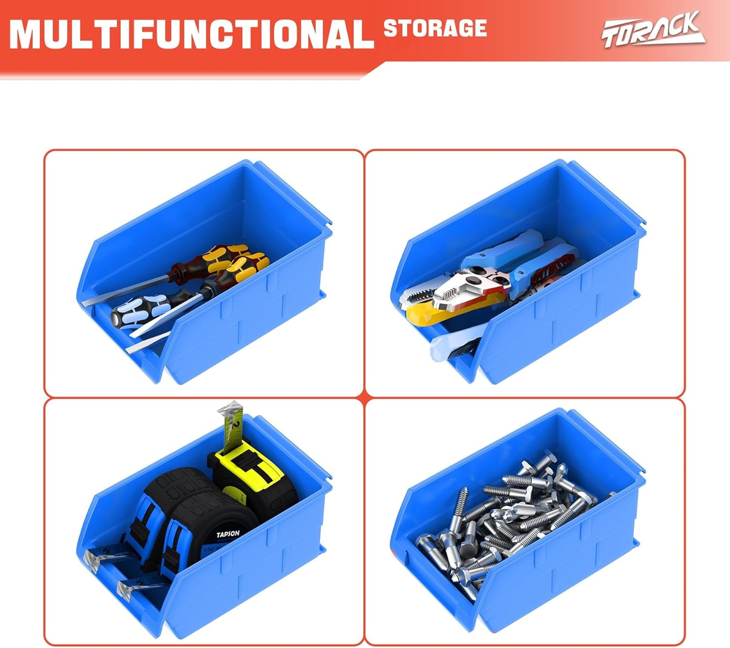 TORACK Wall-Mounted Storage Bins - 8 Plastic Bins & 2 Metal Tracks for Tools Organization in Garage, Craft Room, and Shop(Blue)