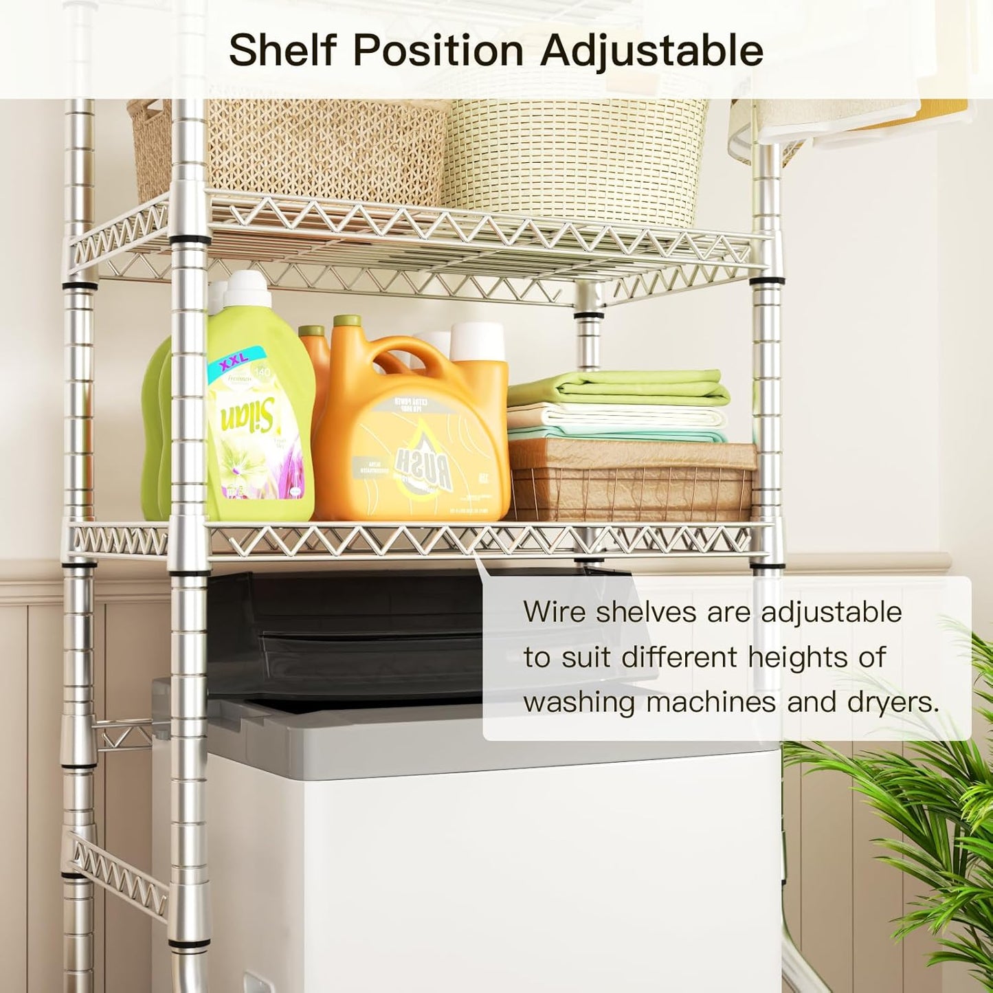 Ulif U11 Mini Over Washer and Dryer Shelves, 3 Tiers Laundry Room Storage and Organizer Standing Shelf, Metal Freestanding Clothes Drying Rack, 28.3" W x 19.7" D x 77.6" H, Chrome