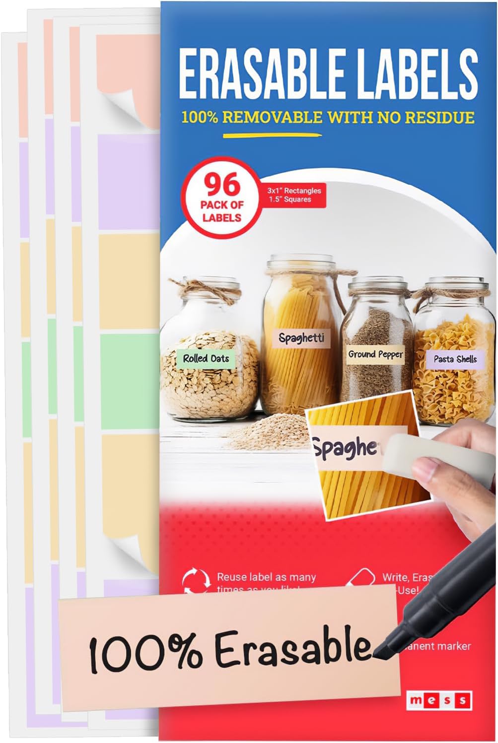 MESS Reusable Food Container Labels – Erasable, Removable Dry Erase Labels for Kitchen, Freezer, and Fridge Organization (1x3 & 1.5", Pastel)