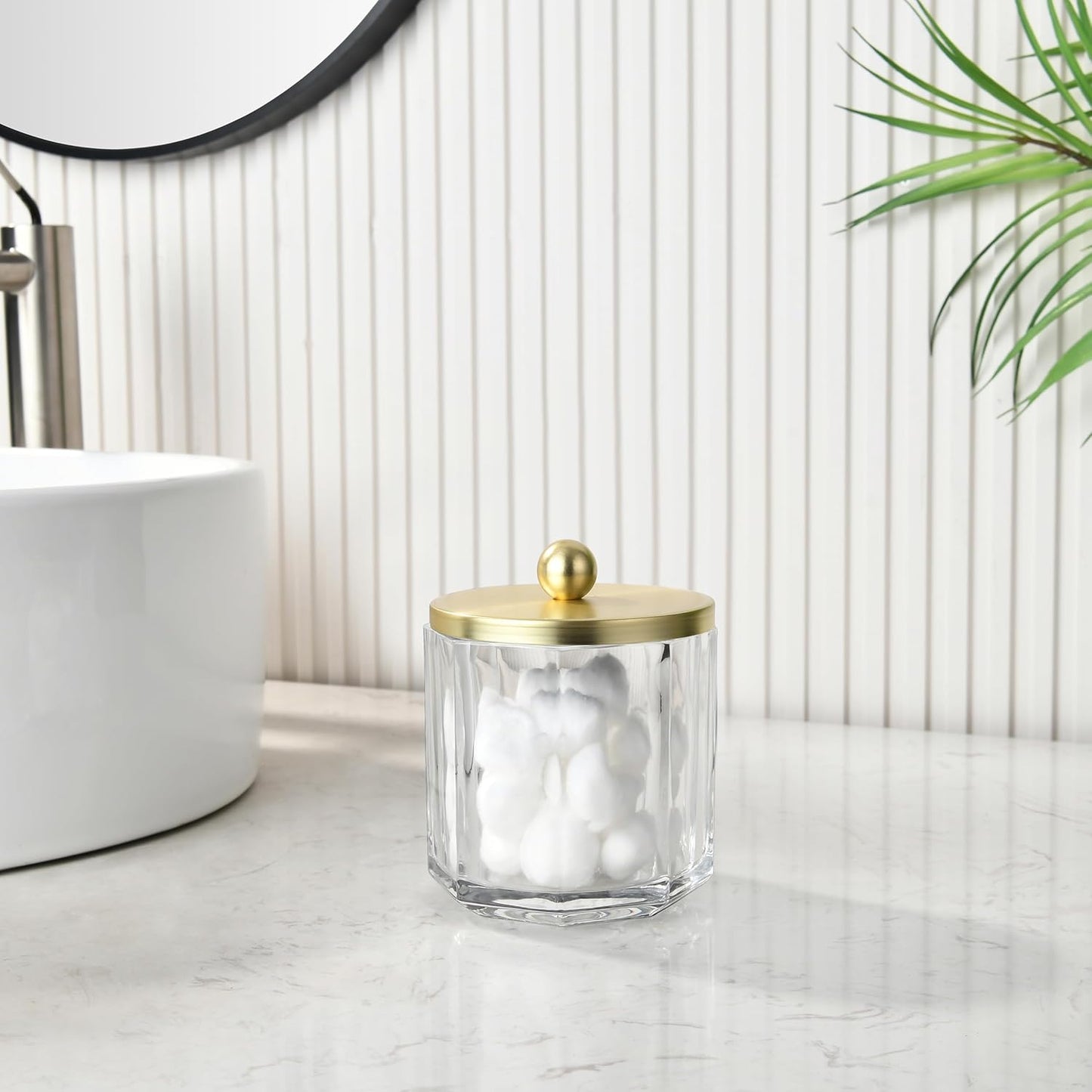 Clear Transparent Apothecary Octagional Shaped Glass Canister Jar With Gold Metal Lid Cover for Bathroom Organization, Cotton Balls, Q Tips, and Small Accessories, Bathroom Storage