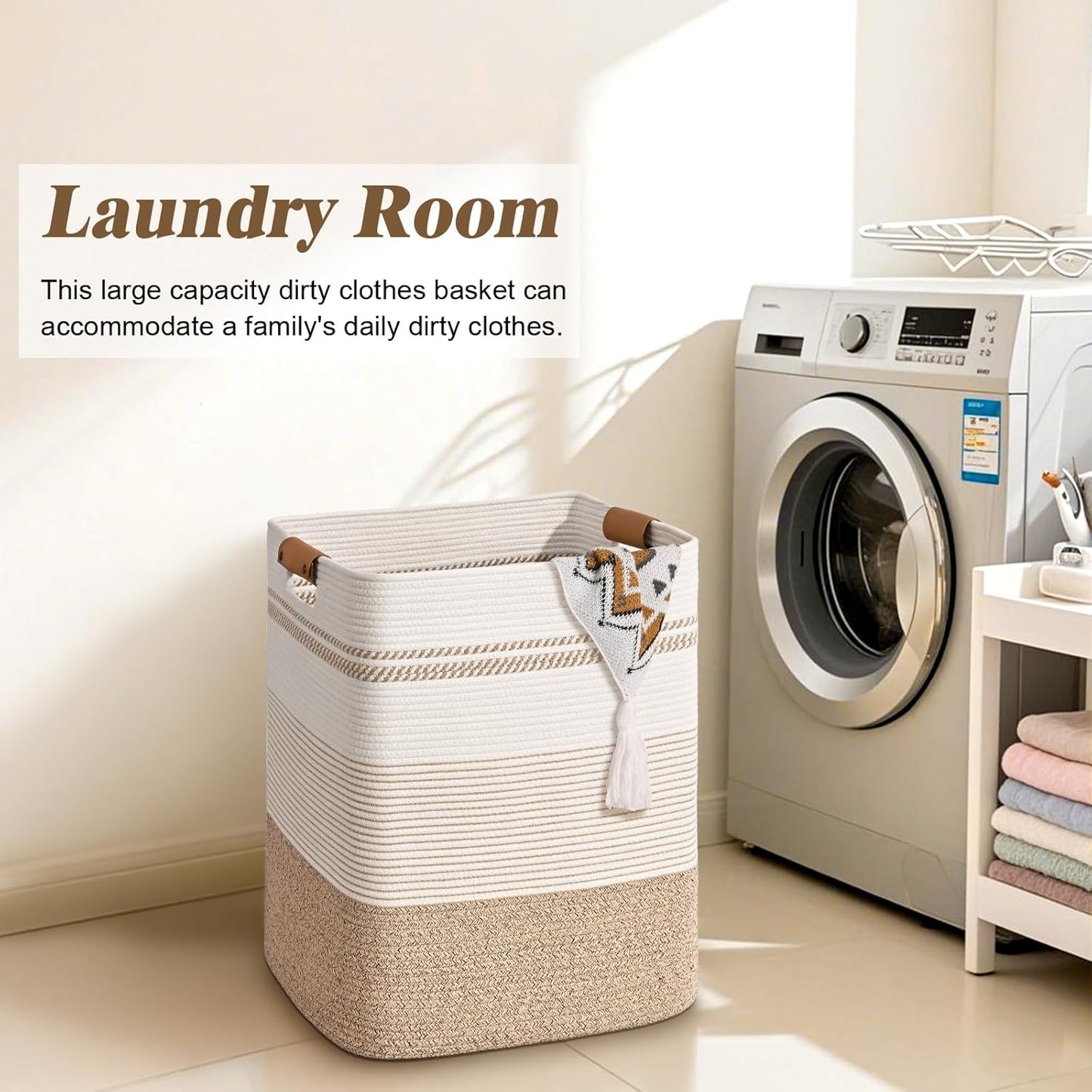 Laundry Hamper, 95L Tall Laundry Basket with Leather Handles, Rectangle Large Clothes Hamper for Organizing, Cotton Woven Laundry Baskets Storage Hampers for Bedroom, Nursery, Living Room