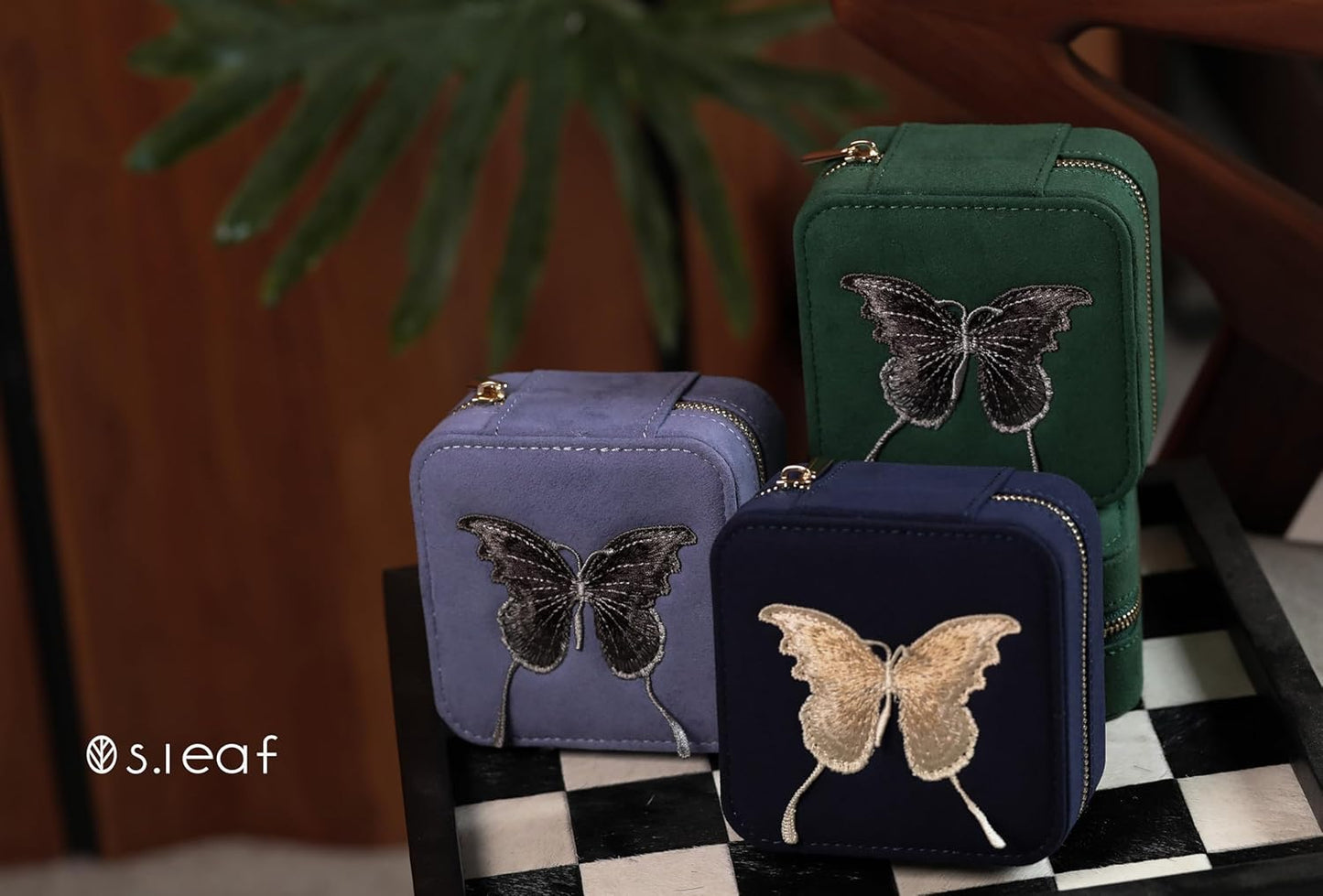 S.Leaf Travel Jewelry Organizer Boxes for Women Small Portable Necklace Earrings Bracelet Rings Travel Case Best Friend Birthday Gifts for Women Trendy (Butterfly_Green_Gray)