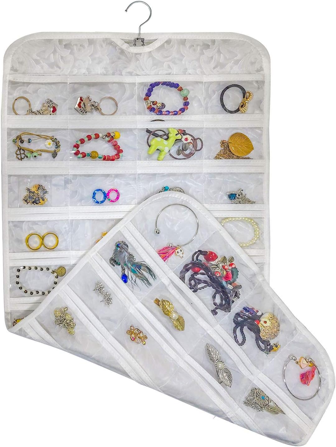 BB Brotrade Hanging Jewelry Organizer,Accessories Organizer,80 Pocket Organizer for Holding Jewelries (White-Embossed)
