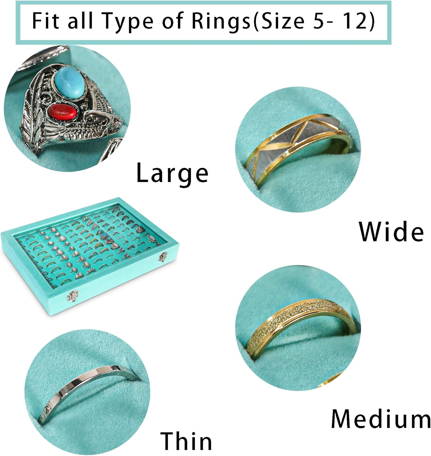 Frebeauty Ring Organizer Tray 100 Slots Ring Holder with Clear Lid Velvet Storage Box Jewelry Tray for Jewelry Store Earring Display Case for Jewelry Show Studs Box for Women(Turquoise)