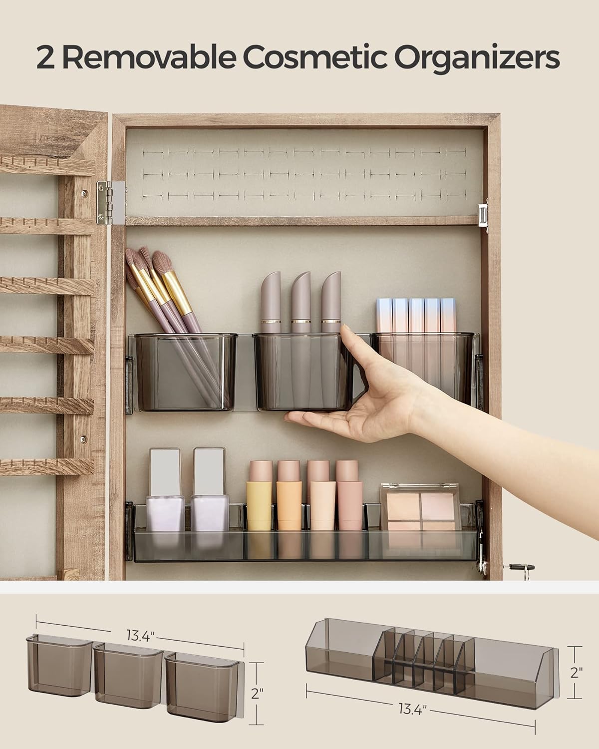 SONGMICS Mirror Jewelry Cabinet Armoire, Wall or Door Mounted Jewelry Storage Organizer, Hanging Lockable Frameless Mirror Cabinet with 2 Cosmetic Organizers, Christmas Gift Idea, Toasted Oak Color