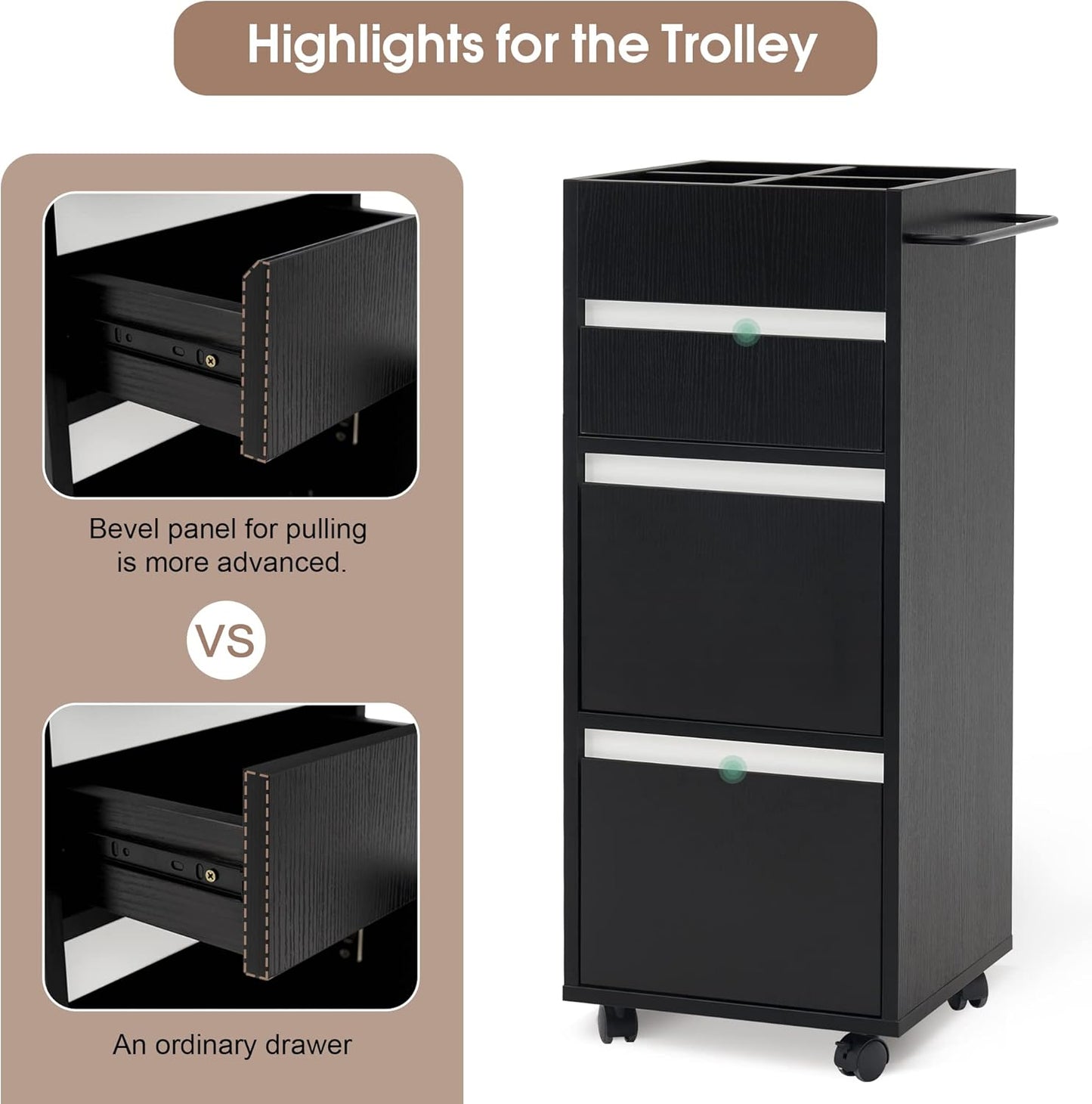 BarberPub Salon Trolley with Drawers Barber Cart Storage Cabinet Beauty Organizer Spa Equipment 2039 (Black)