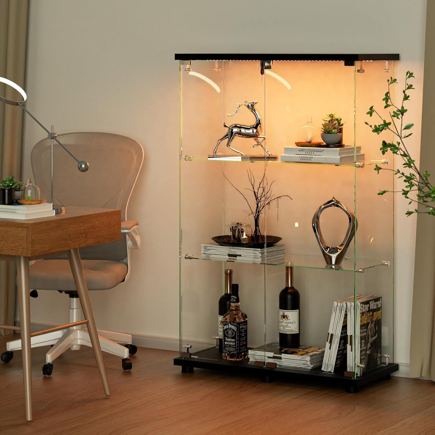 VINGLI Glass Display Cabinet with 3 Shelves, Double Doors and Lock, Floor Standing Curio Cabinets with LED Light, Upgraded Tempered Glass Bookshelf, for Living Room Living Room Bedroom Office, Black