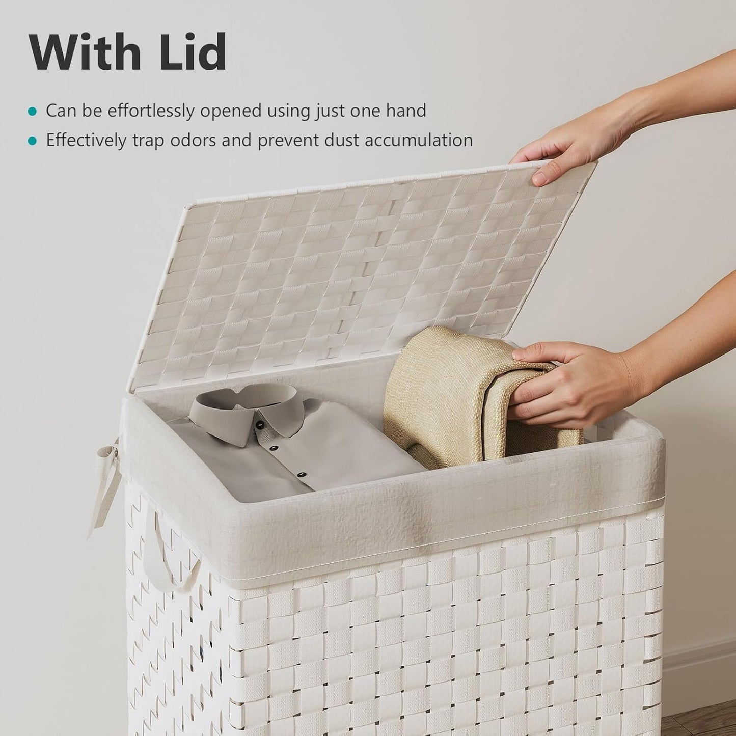 Foldable Laundry Hamper Basket with Lid by Fiona's magic, Handwoven 96L Large Clothes Hamper with Removable Liner Bags, Collapsible Tall Hamper for Bedroom, Bathroom and Dorm Organizer, 2Pack, White