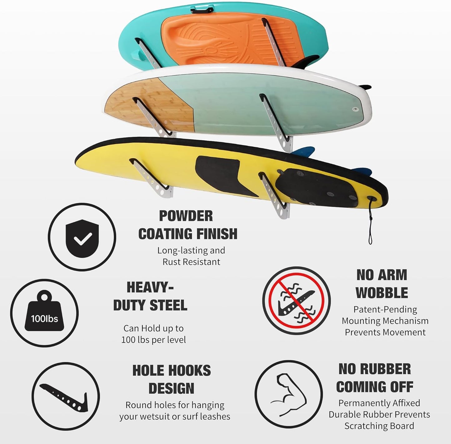 3 Board Surf Rack Wall Mount for Surfboard, Wakeboard, Snowboard Storage Adjustable Wall Hangers Boards Display