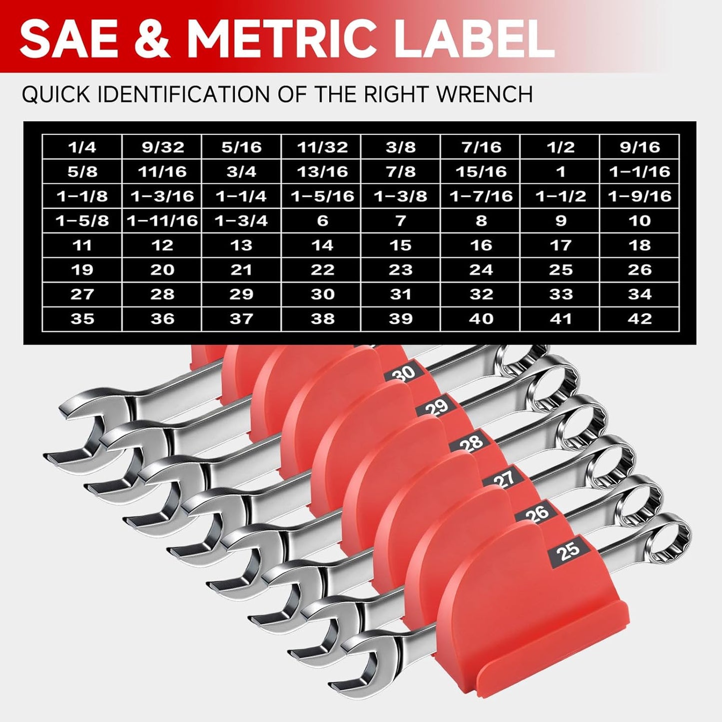 48 PCS Magnetic Modular Wrench Organizers for Tool Drawers- Customizable Wrench Rack with Metric & SAE Labels, Tool Storage Holder - Gift for Professional Mechanics Men-Red