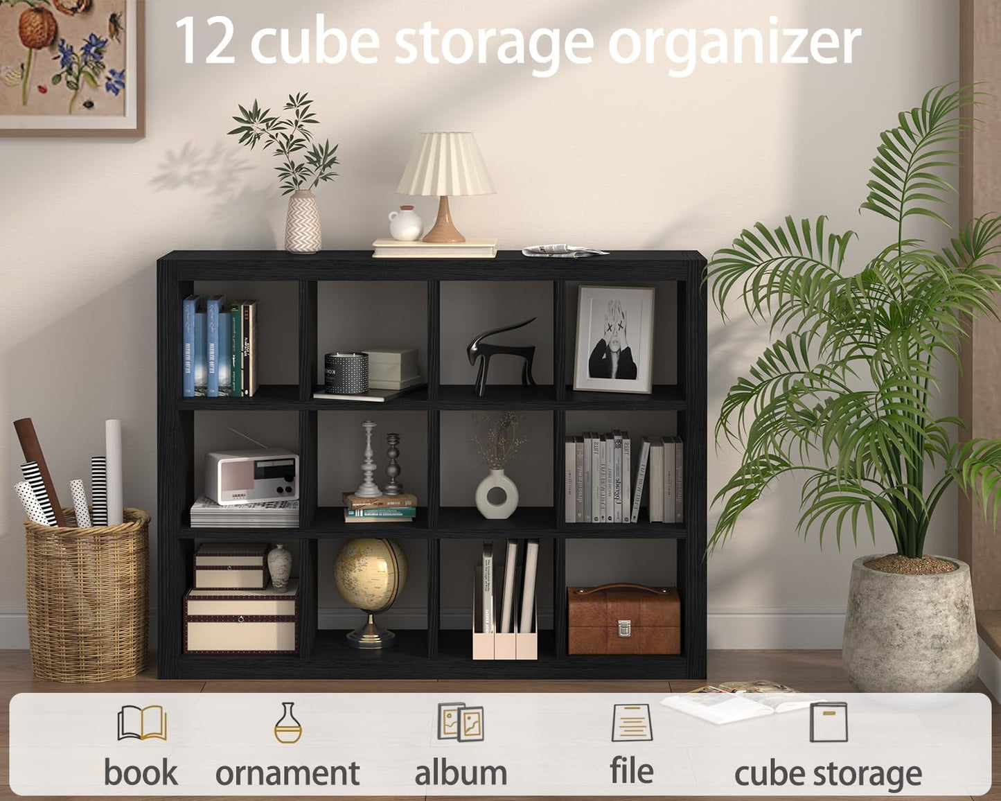 furtble Bookshelf with Storage Bin, 12-Cube Storage Organizer, Modern Wood Open Bookcase, Multifunctional Display Shelf for Living Room, Bedroom, Home Office, Black