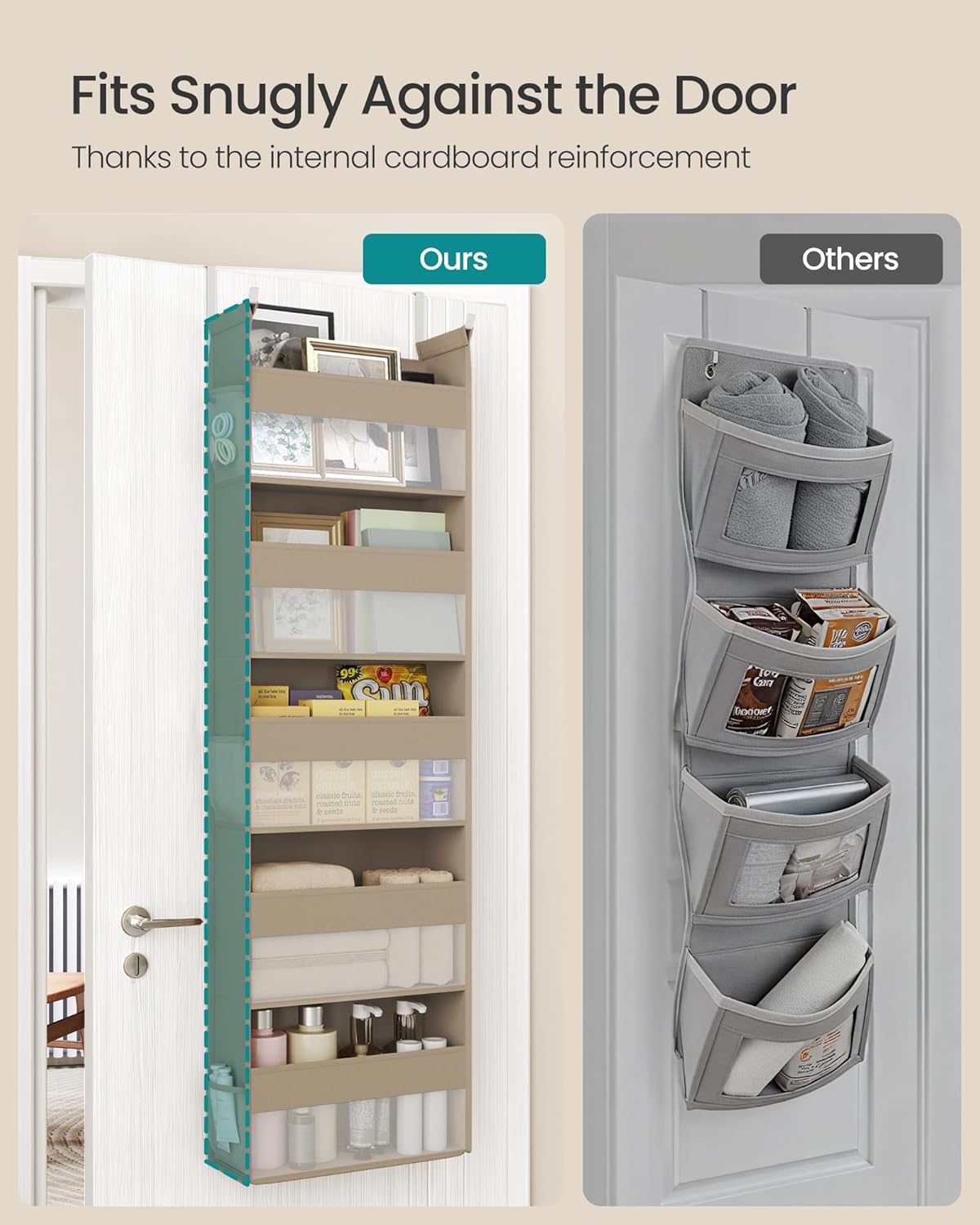 SONGMICS Over The Door Organizer, Hanging Door Organizer with 5 Large Pockets, 5-Tier Fabric Storage, Transparent Nylon Mesh, Foldable, Metal Hooks, with Side Pouches, Summer Sand URDH007Y01