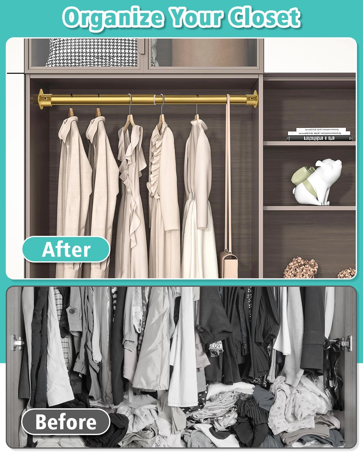Closet Rod, 17 to 28 Inch Heavy Duty Adjustable Metal Clothing Rack for Hanging Clothes, Closet Poles for Wardrobes, Laundry, Durable Steel, Gold（Upgraded Extra Strong）